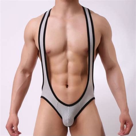 Lingerie Sexy Homme Boxer Gris Respirant Et Confortable Boxer Sangle En Maille Siamois Boxer