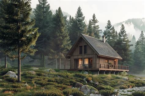 Premium Photo A Solitary Cabin Nestled Among Towering Pine Trees