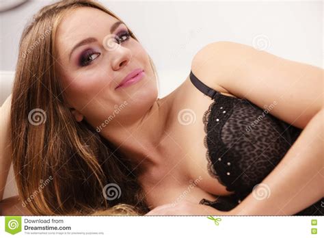 Woman Lying In Black Lace Lingerie On Couch Stock Image Image Of