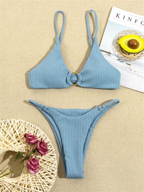 Rib Ring Linked Thong Bikini Swimsuit Shein Usa