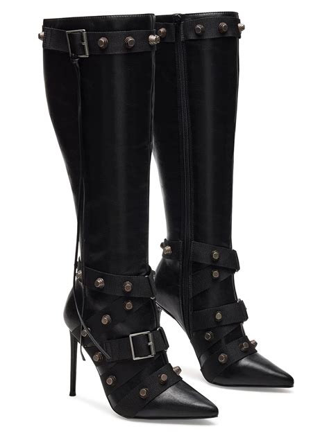 Coutgo Womens Knee High Boots Sexy Pointed Toe Stiletto High Heel Rivet