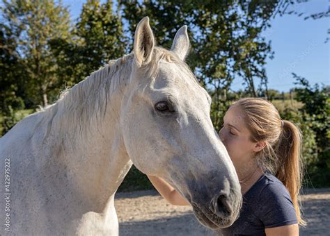 Pferdeliebe Junge Blonde Frau Schmust Mit Ihrem Entspannten Vertrauten Schimmel In Der Sonne