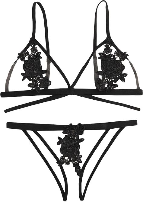 Amazon SHENHE Women S Piece Flower Crochet Low Rise Sheer Triangle Wireless Lingerie Set
