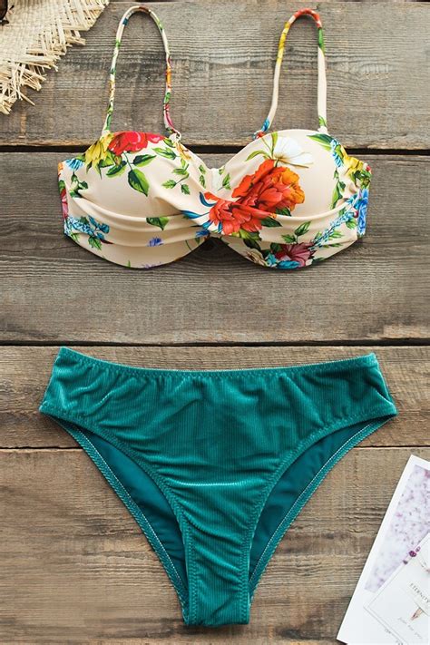 Floral Print Bikini With Textured Velvet Bottom