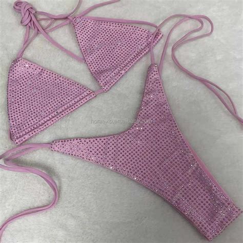 B Pink Sparkling Bikini Sexy Beachwear With Rhinestones