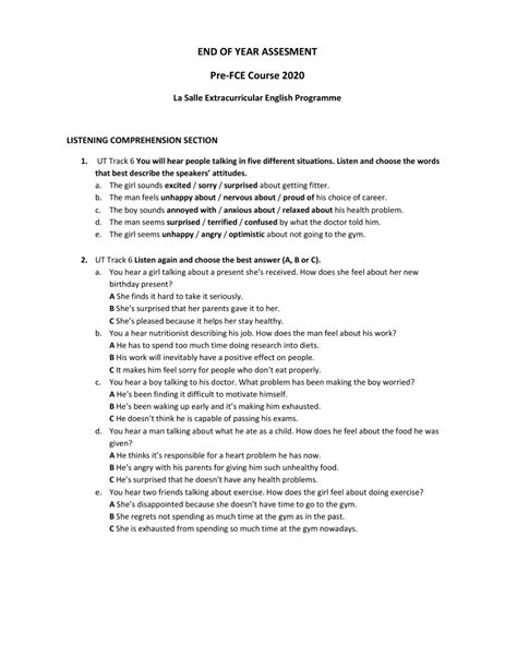 Pre FCE Listening Comprehension Worksheet