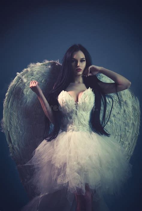 Delicate Beautiful Brunette Woman Posing With Angel Wings Studio Shot Stock Image Image Of