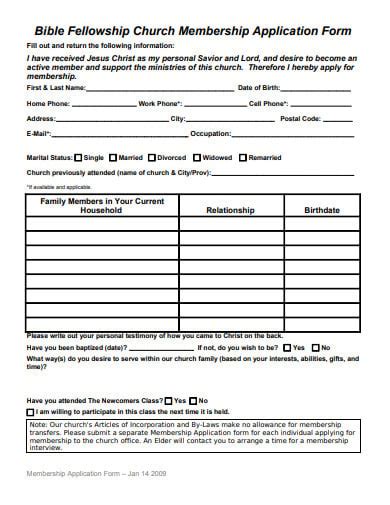 Samples Church Membership Form