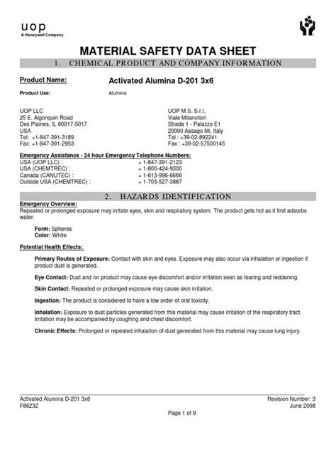 Material Safety Data Sheet 1 Chemical Product And Company Information