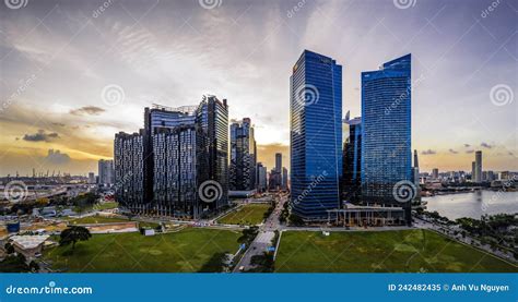 aerial view  singapore central area skyline  late afternoon