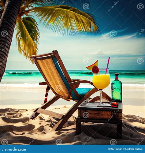 Sun Lounger On The Beach Under A Palm Tree 3d Illustration Generative