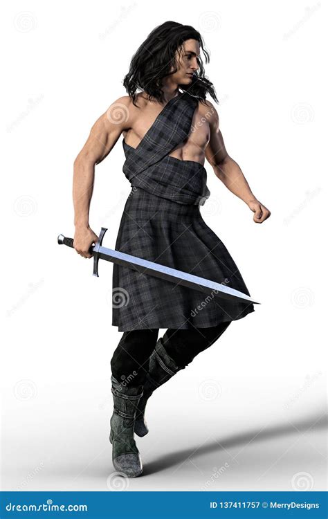 Handsome Scottish Highland Warrior In Plain Green Kilt Stock