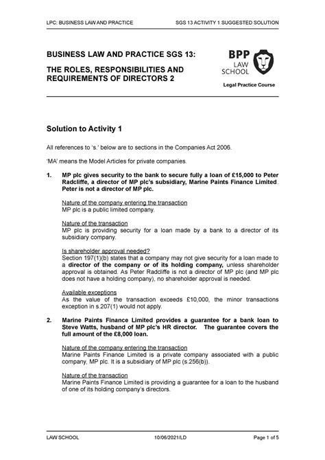 BLP SGS 13 Activity 1 Solution LPC BUSINESS LAW AND PRACTICE SGS 13