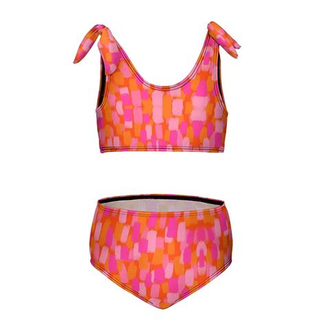 Abstract Pink And Orange Paint Brush Effect Girl S Piece Bikini Set Beach Sport Swimsuit