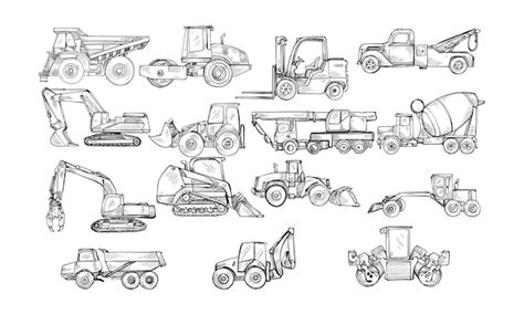 Equipamentos pesados de construção ilustração desenhada à mão gravura ...