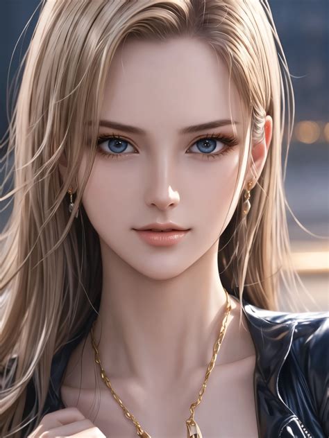 A Woman With Long Blonde Hair And Blue Eyes Wearing A Black Jacket SeaArt AI