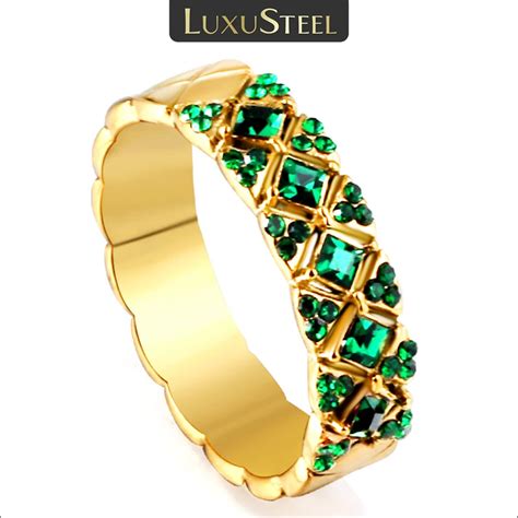 LUXUSTEEL Anillo De Piedras De Circonia C Bica Verde Brillante Para