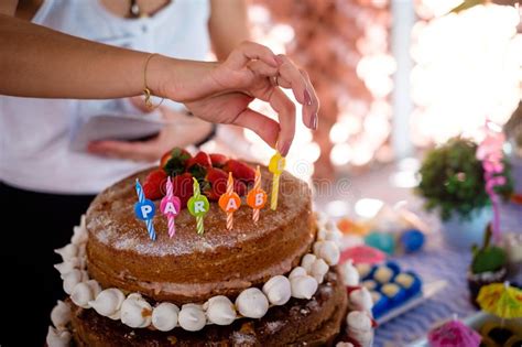 Detail Of Strawberry And Meringue Naked Cake Seen From Above 3 Stories High Stock Photo