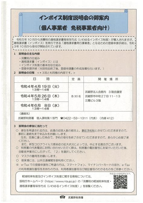 インボイス制度説明会の御案内（個人事業者 免税事業者向け）【武蔵野税務署】 武蔵野商工会議所