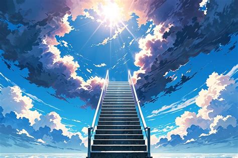 A Stairway Leading To Heaven With Clouds And The Sun In The Background