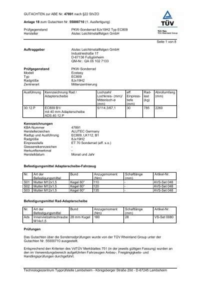 GUTACHTEN Zur ABE Nr 47891 Nach 22 Stvzo Anlage Alutec