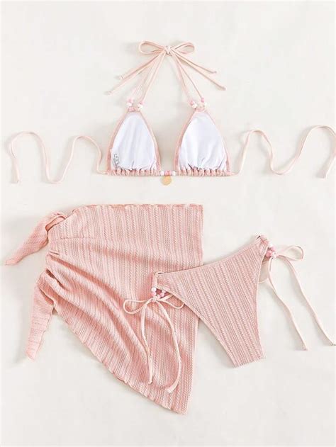 Shein Shein Swim Mod Halter Triangle Bikini Swimsuit With Beach Skirt Shein Usa