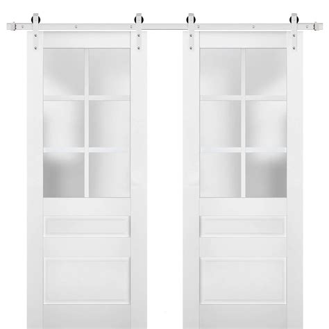 Sturdy Double Barn Door With Frosted Glass Veregio 7339 White Silk Silver 13ft Rail Hangers