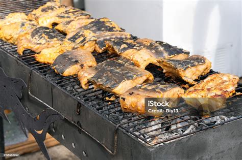 Cooking Bbq Fish Grilled Sturgeon On Charcoal Grill Picnic In The