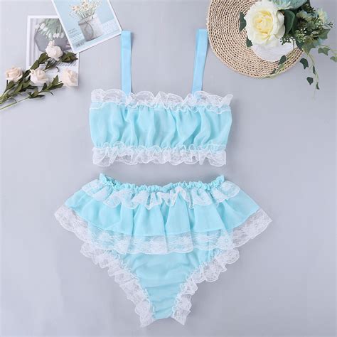 Men S Lace Lingerie Set Sissy Ruffled Pouch Briefs Bra Tops Underwear Panties EBay