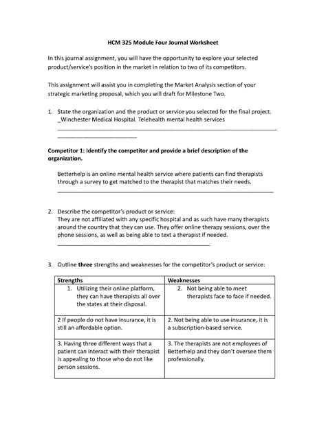 HCM 325 Module Four Journal Worksheet Caroll Reever HCM 325 Module