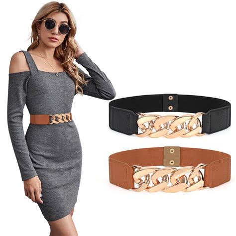 JASGOOD 2Packs Belts For Women Stretch Waist Belt Wide Chain Elastic