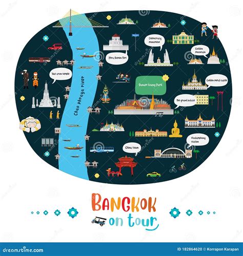 Tourist Map of Bangkok, Thailand with Landmarks Stock Vector