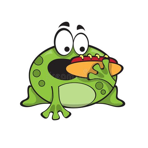 Cute Green Frog With Hot Dog Cartoon Character Isolated On White