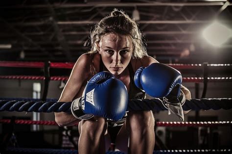 Premium Photo Female Boxer With Boxing Gloves Leaning On Ropes And