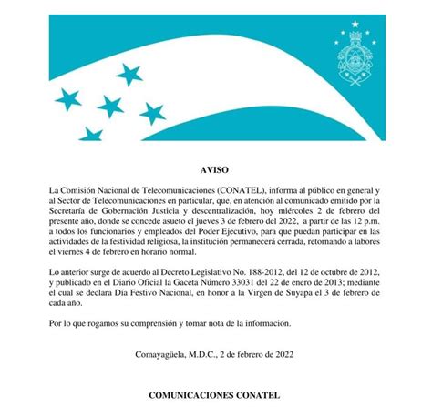 Conatel Informa Que El Jueves 3 De Febrero La Institución Atenderá