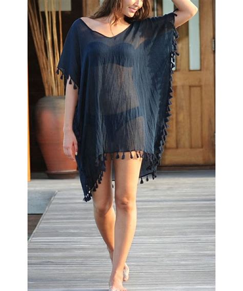 Women Chiffon Tassel Swimsuit Bikini Stylish Beach Cover Up Black CP O PR O