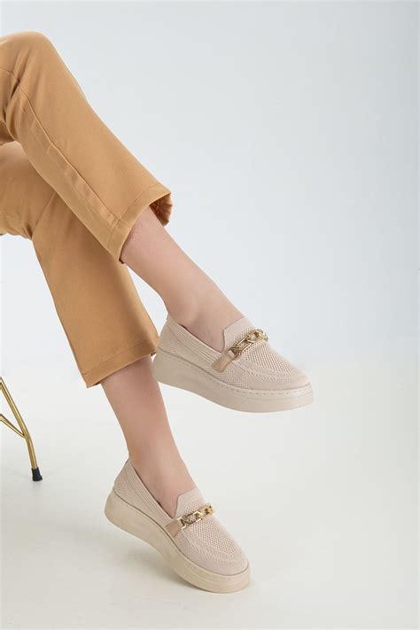 Denora Bej Nude Krem Vizon Zincir Tokal Bez Triko Kuma Loafer Kal N Taban Babet Fiyat