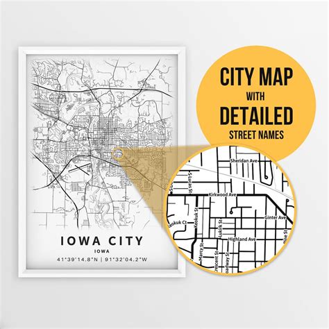 printable map  iowa city iowa usa  street names instant