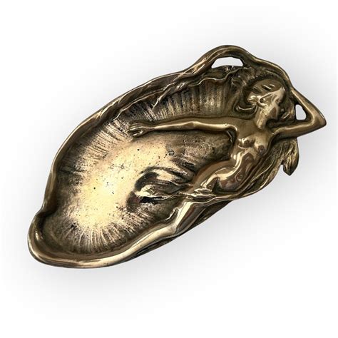 Antique Brass Art Nouveau Nude Lady Woman Figural Relief Design Tray Trinket Dish Calling Card