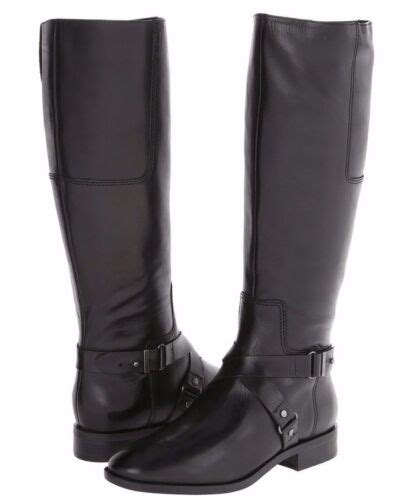 Nine West Blogger Black Leather Side Zip Riding Boots W Strap Detail