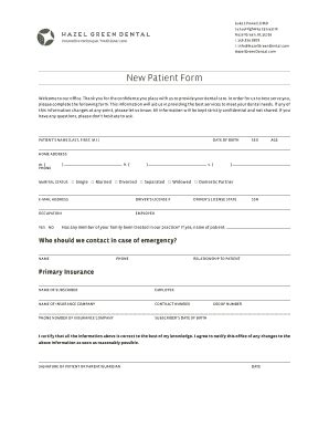 Fillable Online New Patient Form Hazel Green Dental In Hazel Green