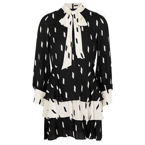 Alice Olivia Dasha Pussy Bow Tiered Printed Crepe Mini Dress Day Dresses Clothing