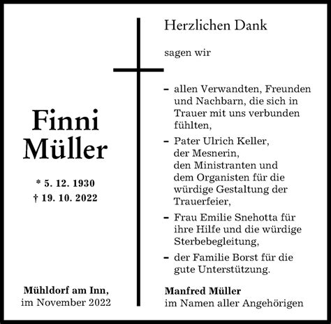 Traueranzeigen von Finni Müller Augsburger Allgemeine Zeitung