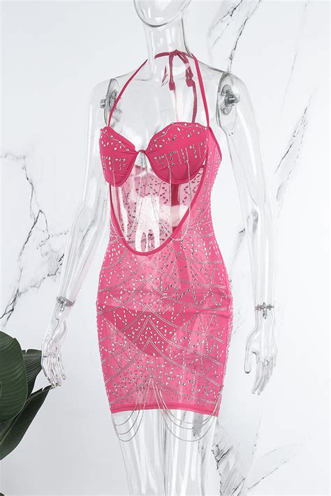 Wholesale Black Sexy Party Hot Drilling Hollowed Out Hot Drill Spaghetti Strap Sling Dress