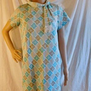Turquoise Brown Pussy Bow Collar Day Dress Vintage S S Short Sleeve Day Dress Sheath Dress