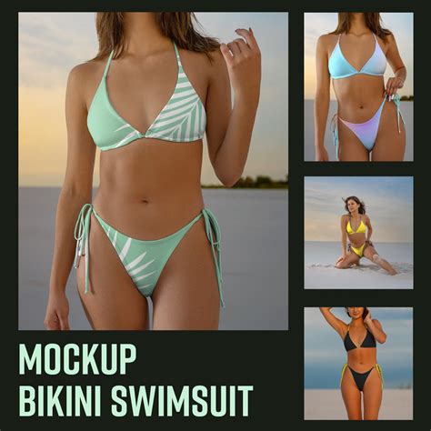 Bikini Mockup Psd Bikini Triangle Set Womens Swimwear Side Tie Bikini Model Mockup Beach Mockup