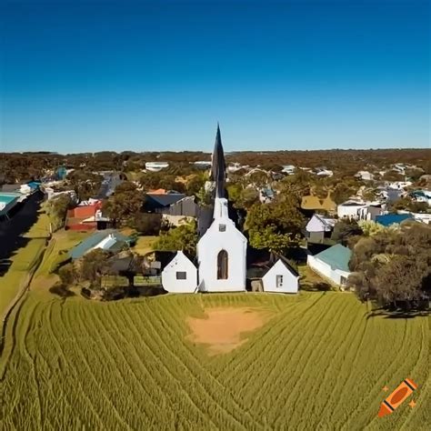 Aerial View Of Australian Sci Fi Village With White Houses And A Church