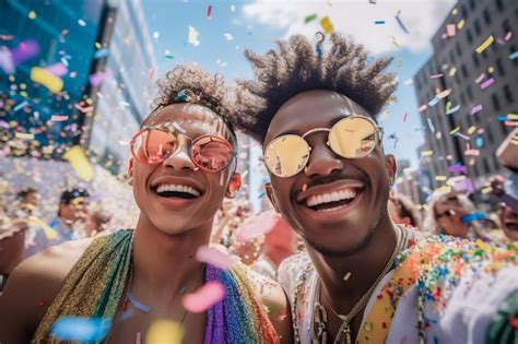 Casal Gay Feliz Comemorando Na Parada Do Orgulho Lgbtq Em Nova York Eua Pride Month Celebration