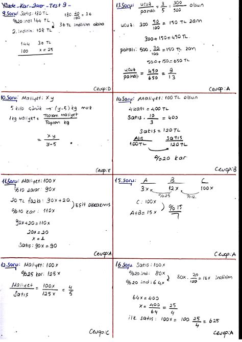 Yüzde Kâr Zarar Problemleri Test 9 İzmir Tasarı