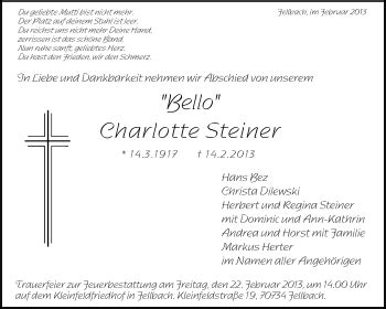 Traueranzeigen Von Charlotte Steiner ZVW Trauer